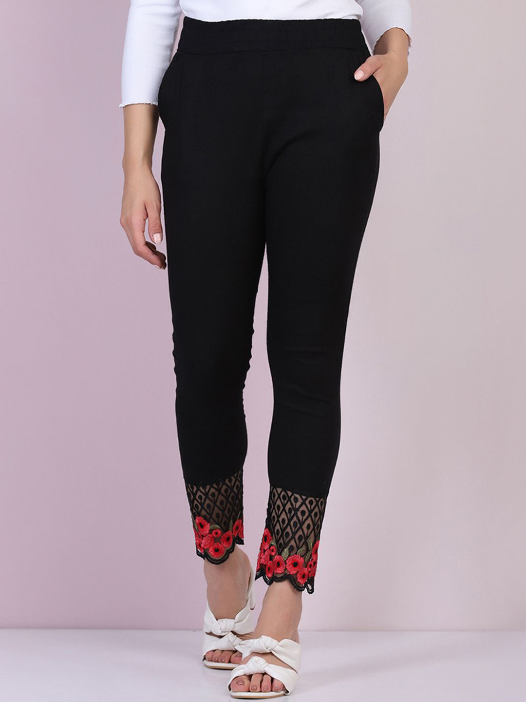 

DIMPY GARMENTS Pure Cotton Skinny Fit Mid Rise Ankle Length Leggings, Black