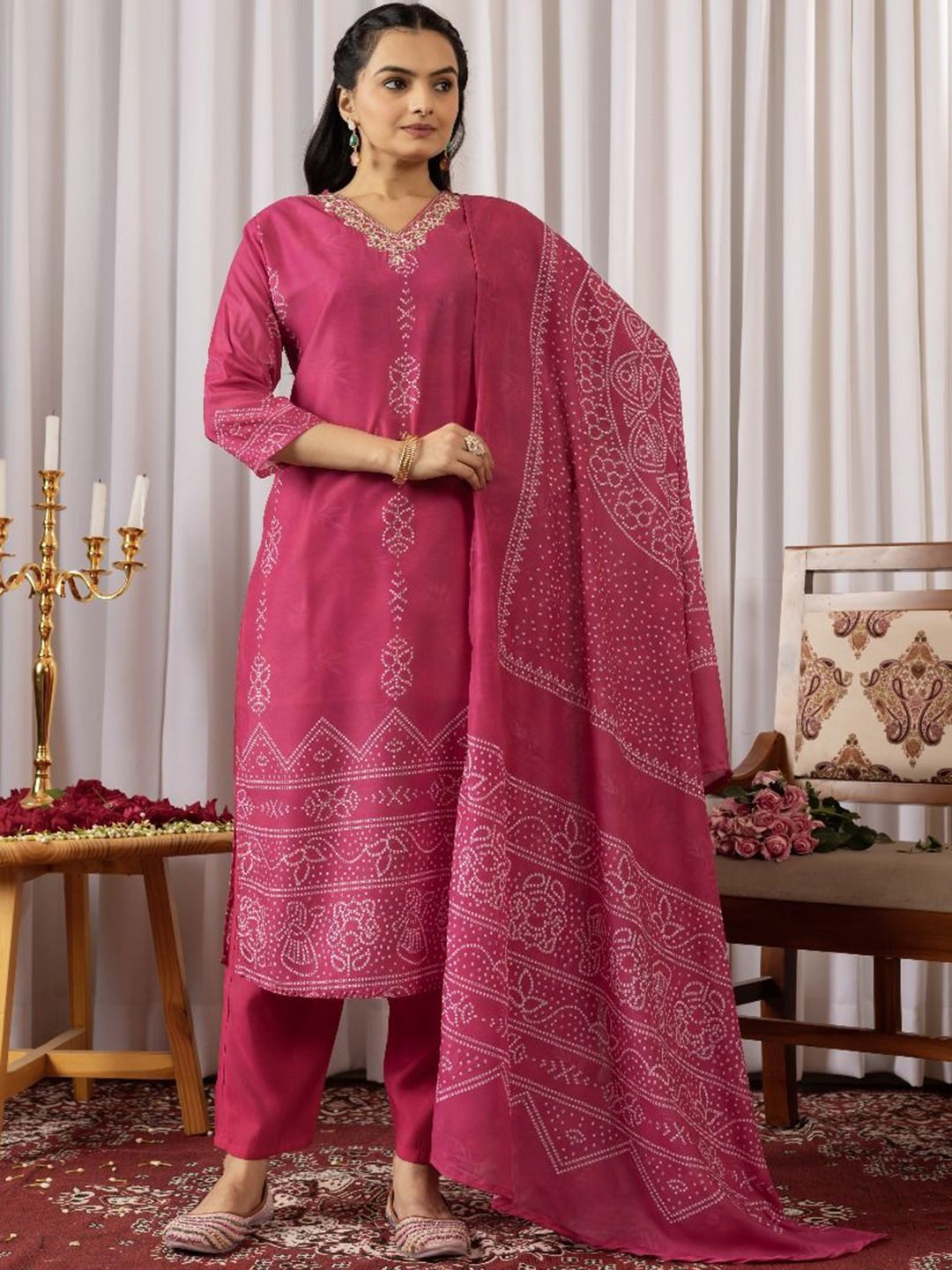 

Samhitas Women Bandhani Printed Regular Kurta with Pyjamas & With Dupatta, Pink