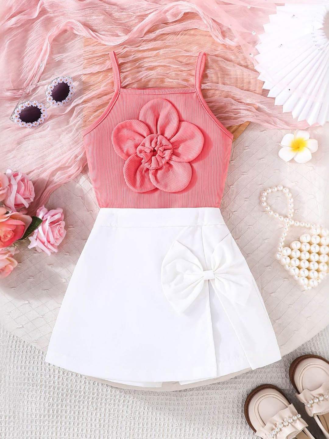

INCLUD Girls Printed Top with Skirt, Pink