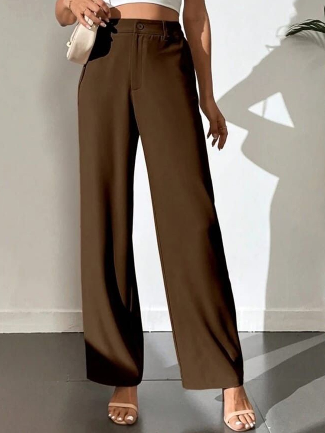 

BROADSTAR Women Smart Straight Fit High-Rise Easy Wash Trousers, Coffee brown