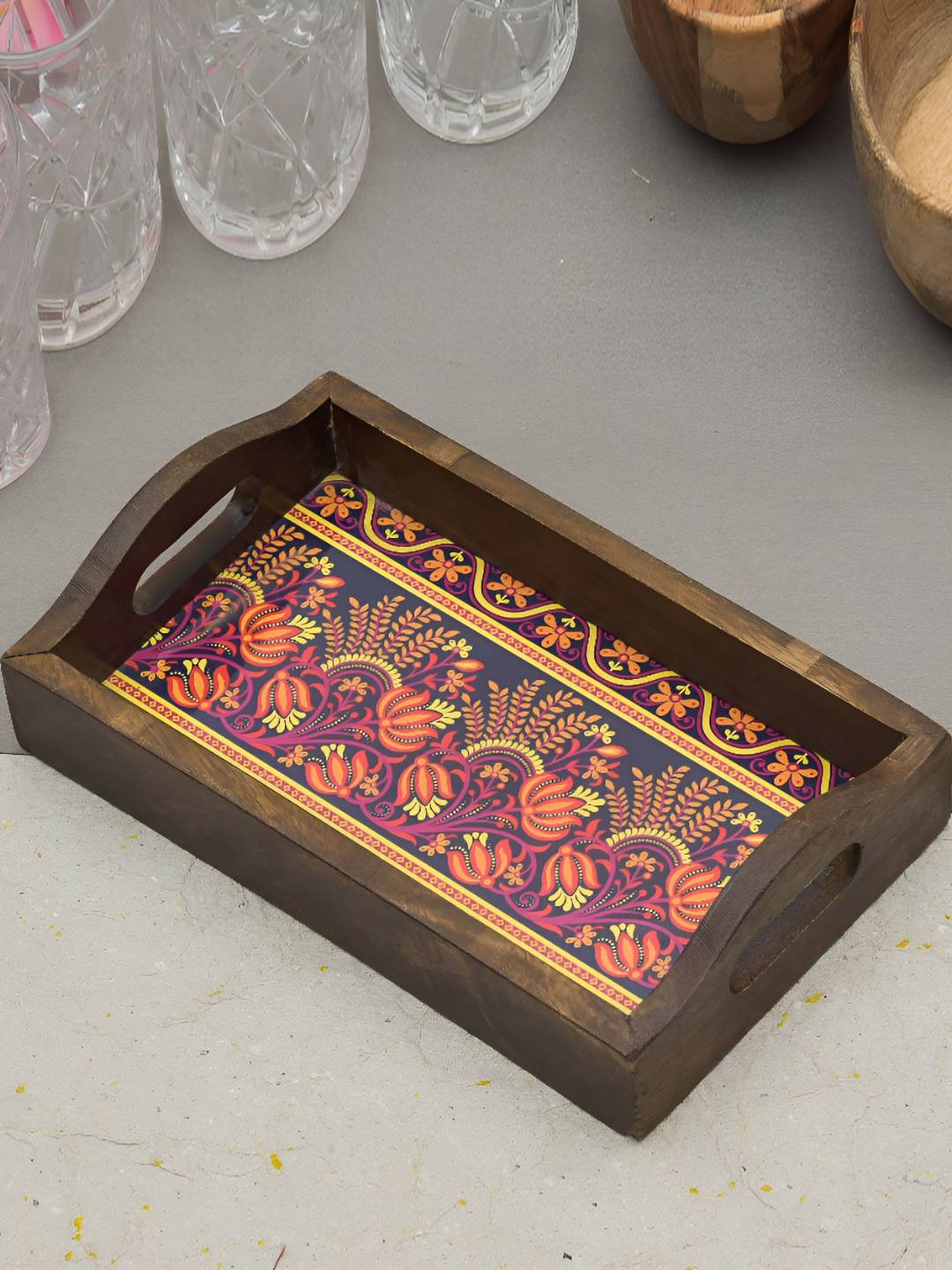 

oggn Brown Vintage Printed Wooden Rectangle Tray, Yellow