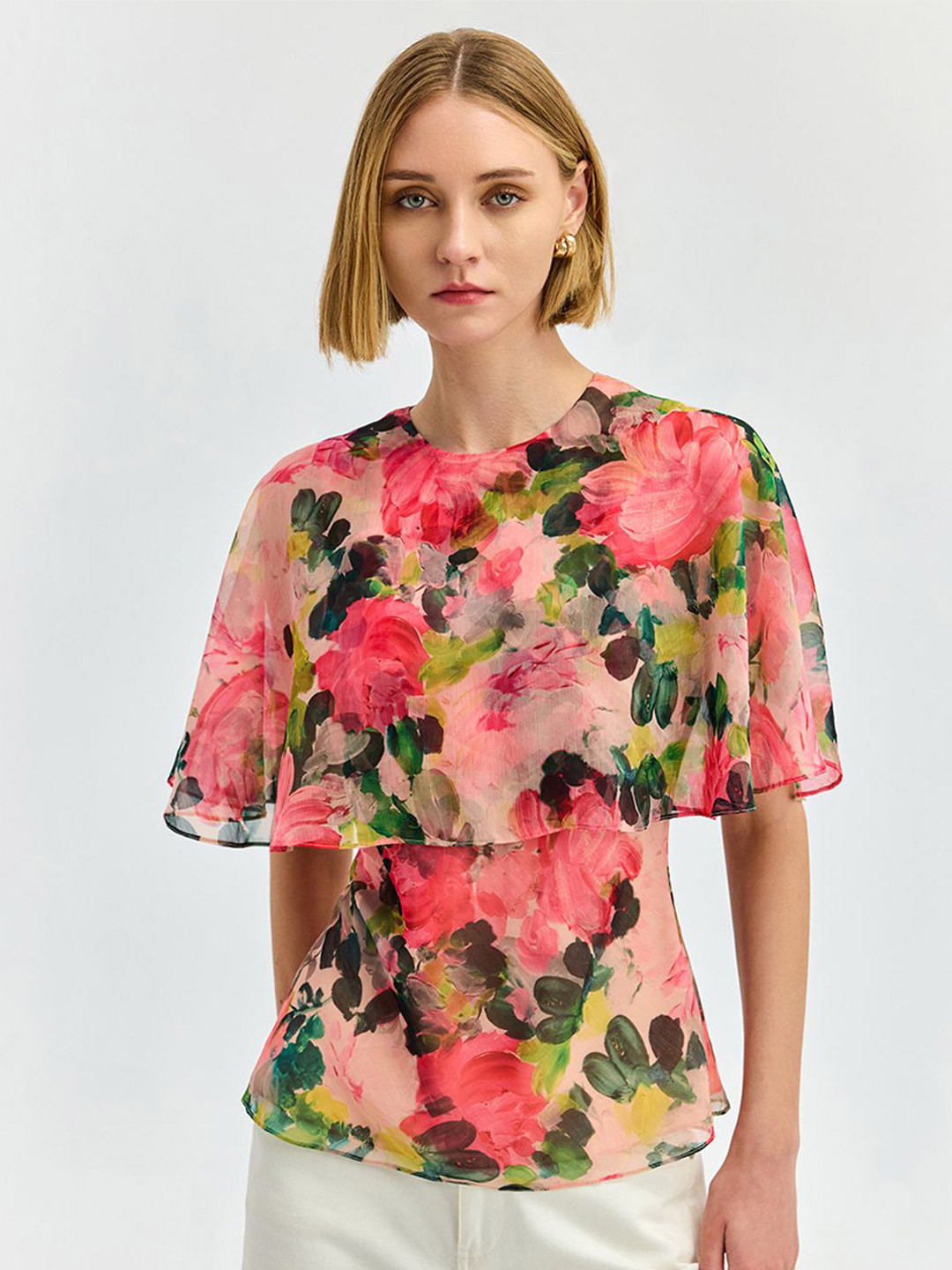 

COVER STORY Floral Print Cape Sleeve Chiffon Top, Pink