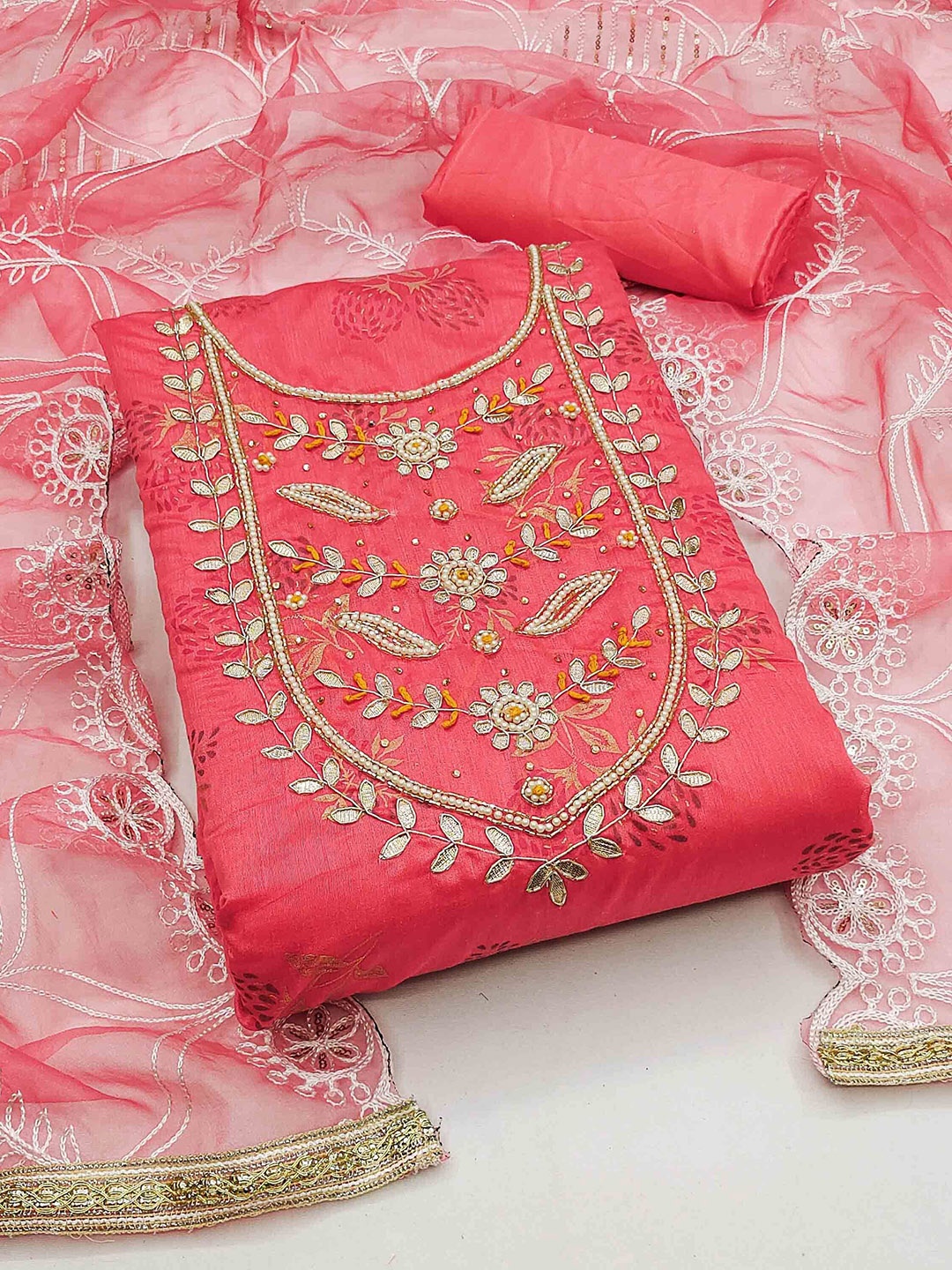 

SAINOOR Embellished Semi-Stitched Dress Material, Pink