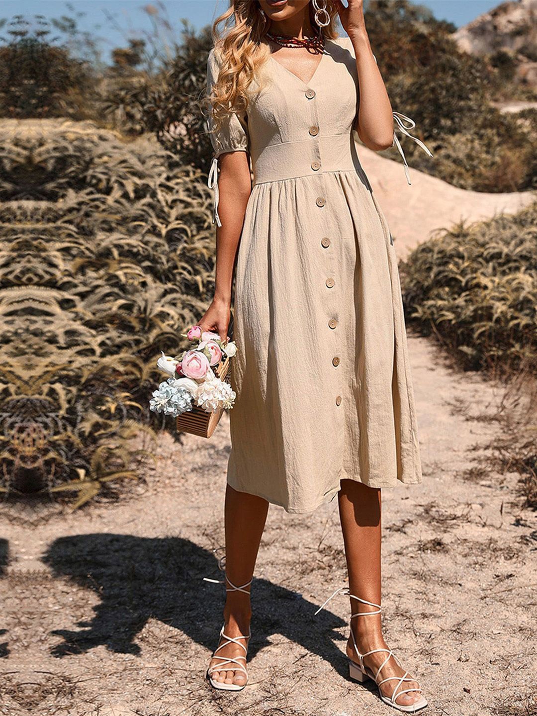 

JC Mode Flutter Sleeve A-Line Dress, Beige