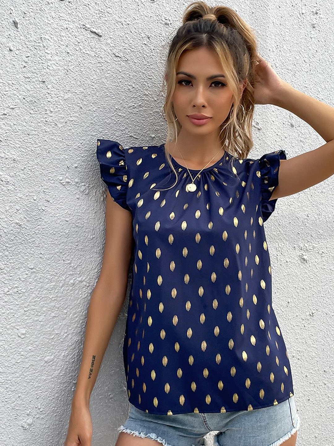 

JC Mode Polka Dot Print Peter Pan Collar Flutter Sleeve Top, Navy blue