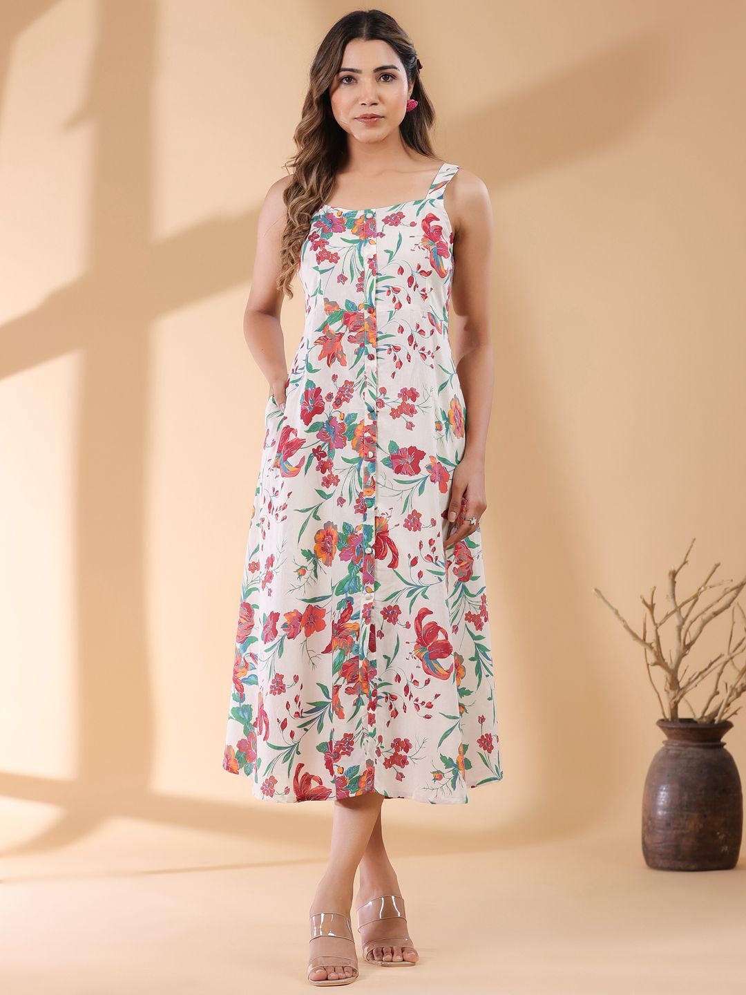

Janasya Women's Off White Pure Cotton Floral Printed A-Line Dress
