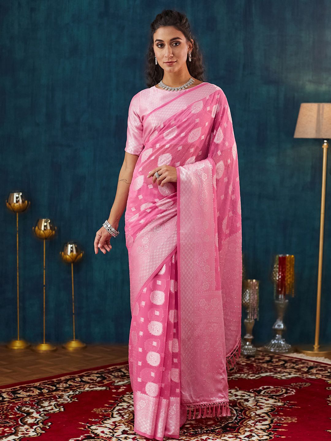 

Mitera Woven Design Zari Pure Georgette Banarasi Saree, Pink