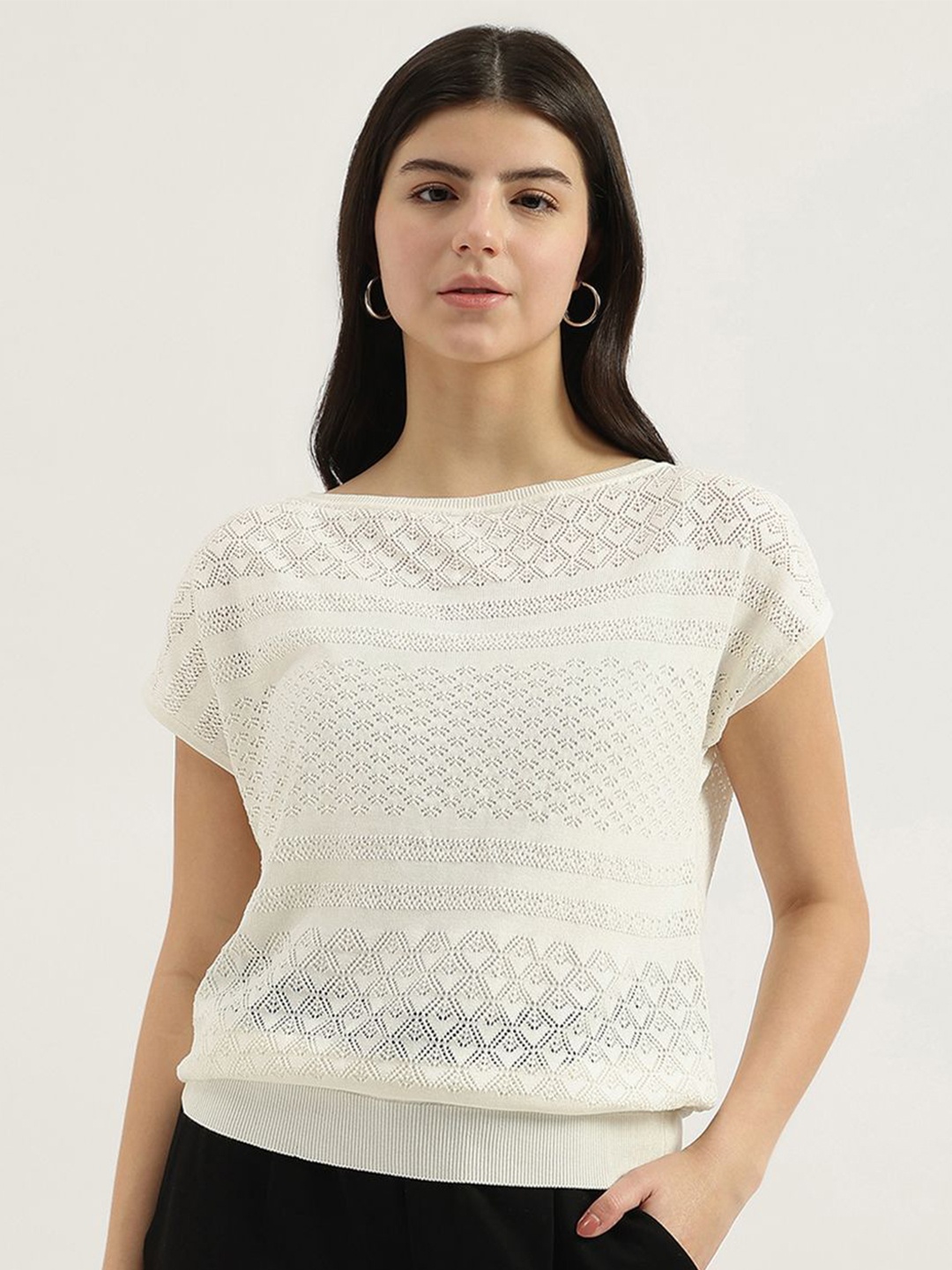 

United Colors of Benetton Print Extended Sleeves Cotton Top, Cream