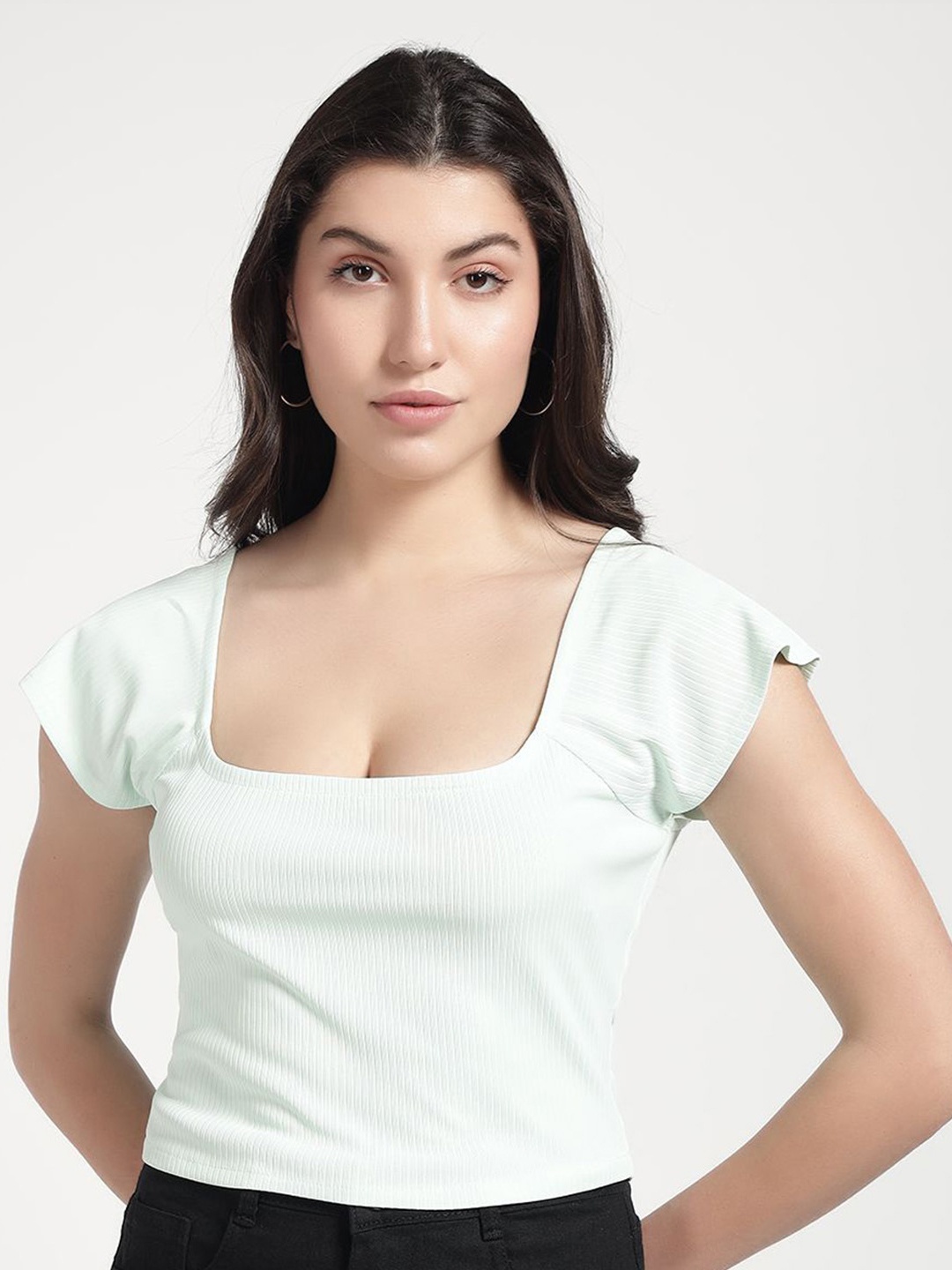 

The Roadster Lifestyle Co Pure Cotton Square Neck Crop Top, Green