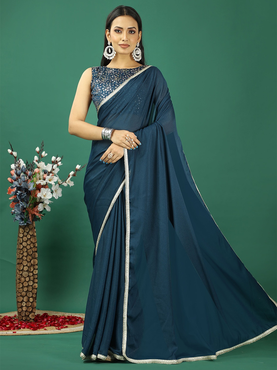 

DIVASTRI Sequinned Satin Banarasi Saree, Blue