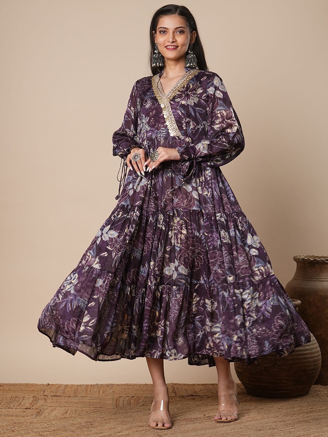 

FASHOR Print Puff Sleeve Chiffon A-Line Maxi Dress, Burgundy