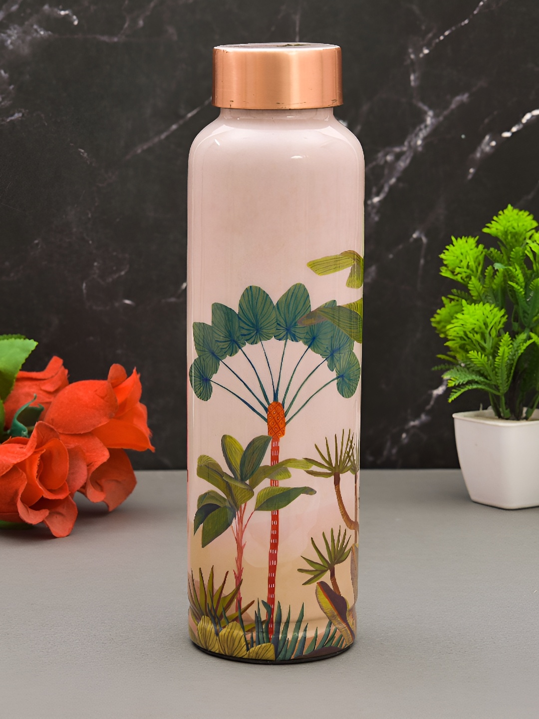 

oggn White & Green Dazzert Printed Copper Water Bottle-950 ml