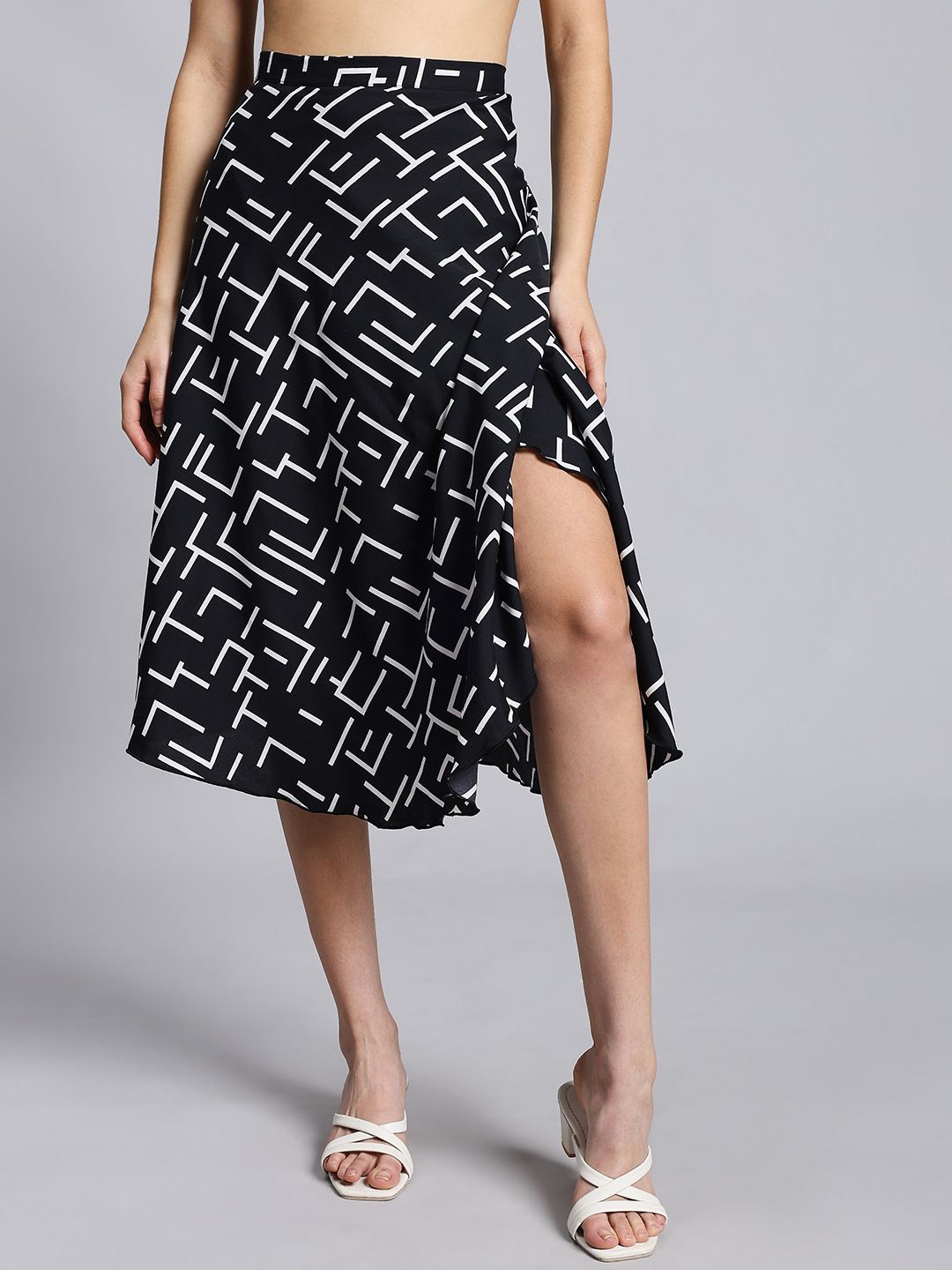 

BODYFIGURE Printed Wrap Around Midi Skirt, Black