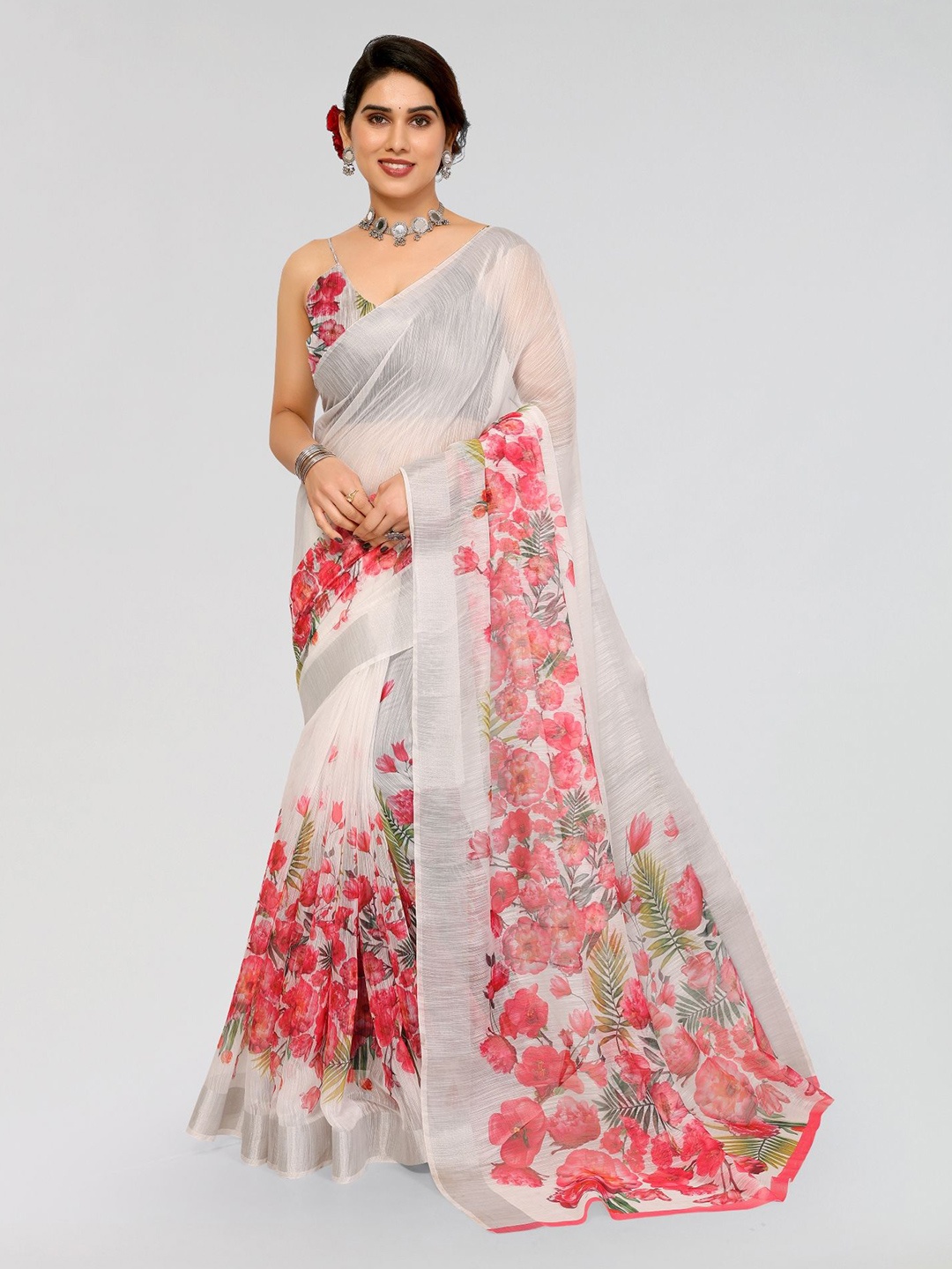 

Moda Rapido Floral Zari Saree, White
