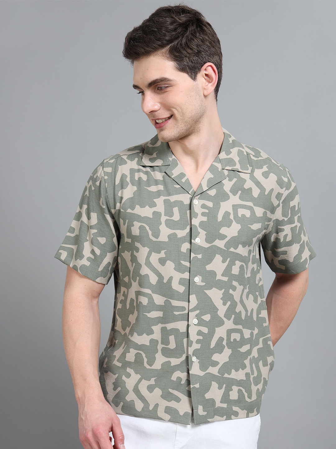 

StitchX Men Short Sleeve Camo Printed Linen Look Shirt, Green