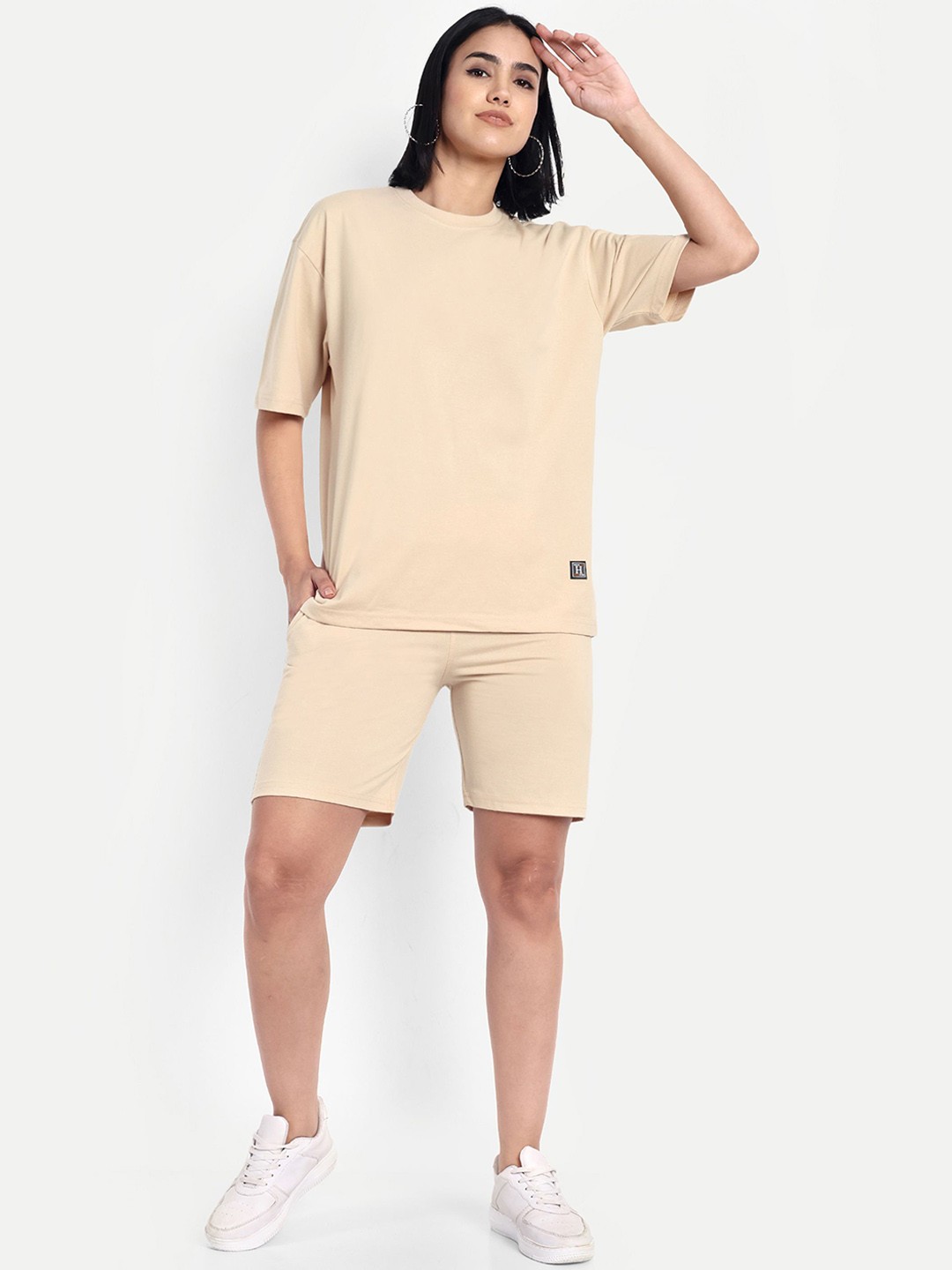 

HEATHEX Pure Cotton Round Neck T-shirt With Shorts Co-Ords, Beige