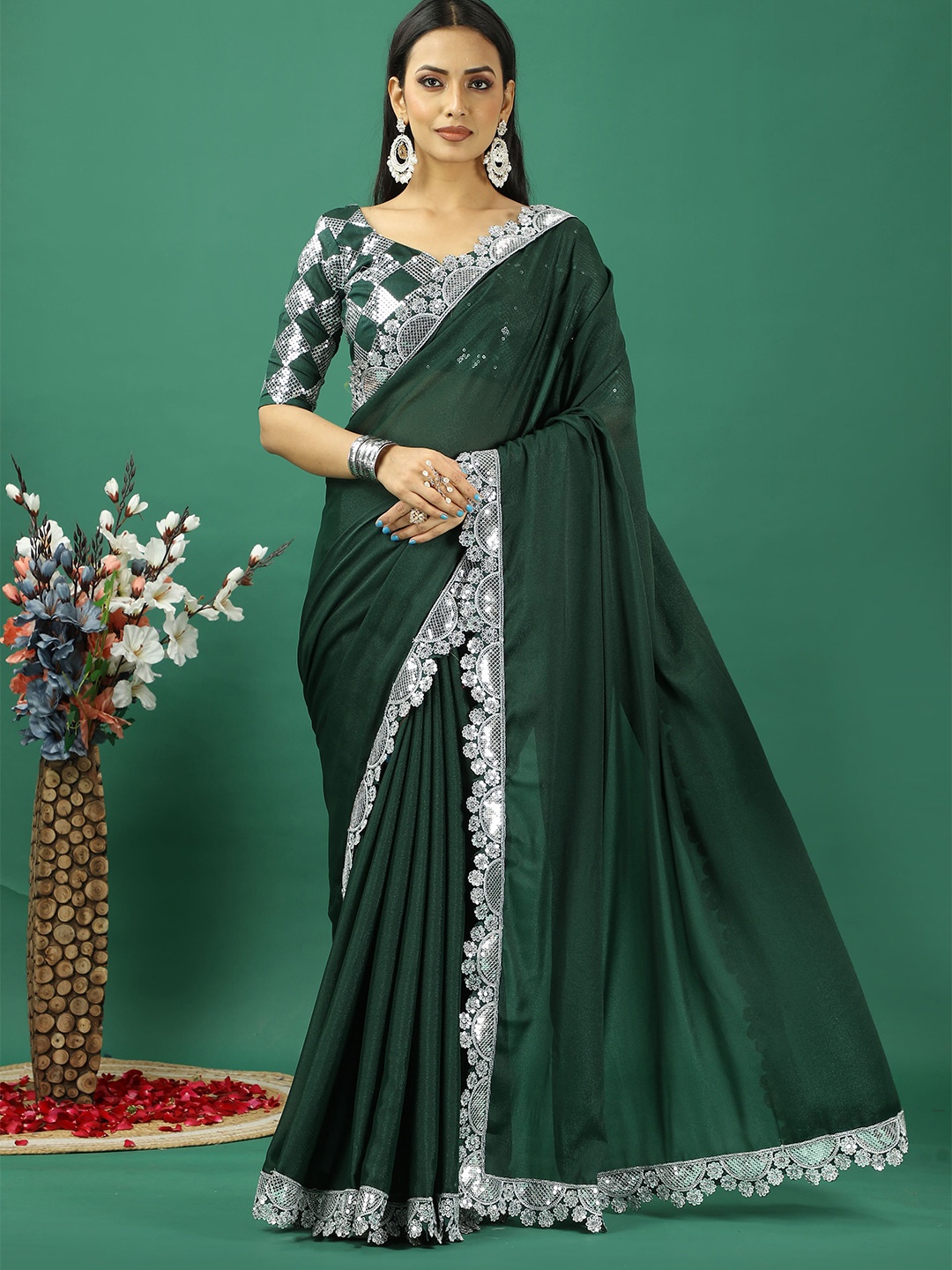 

HERE&NOW Embellished Sequinned Satin Banarasi Saree, Green