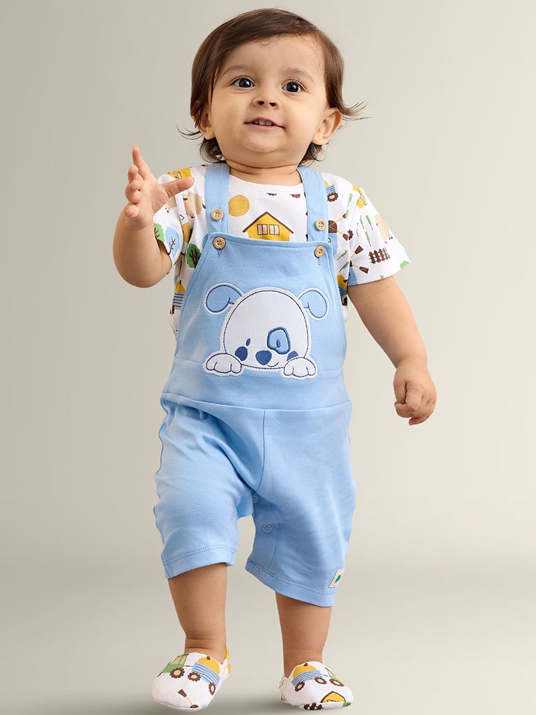 

My Milestones Infant Boys Printed Cotton Dungarees With T-shirt, Blue