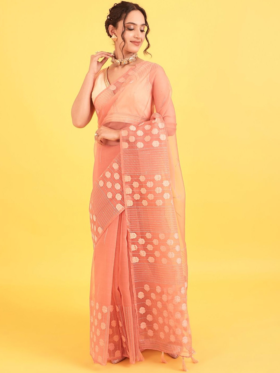 

Suha Embellished Sequinned Organza Saree, Peach