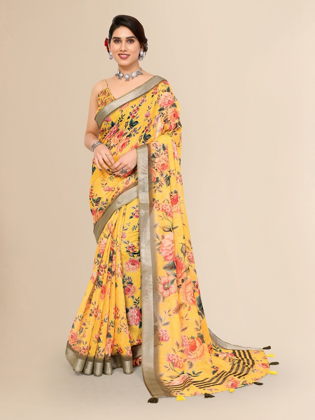 

Moda Rapido Floral Zari Linen Blend Saree, Yellow