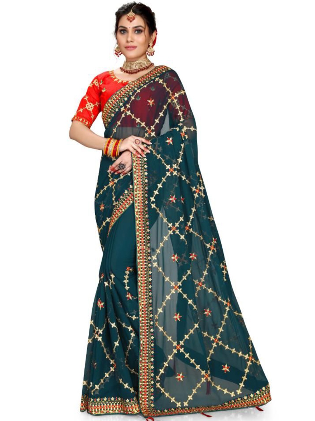 

AKSH FASHION Embroidered Pure Georgette Saree, Blue