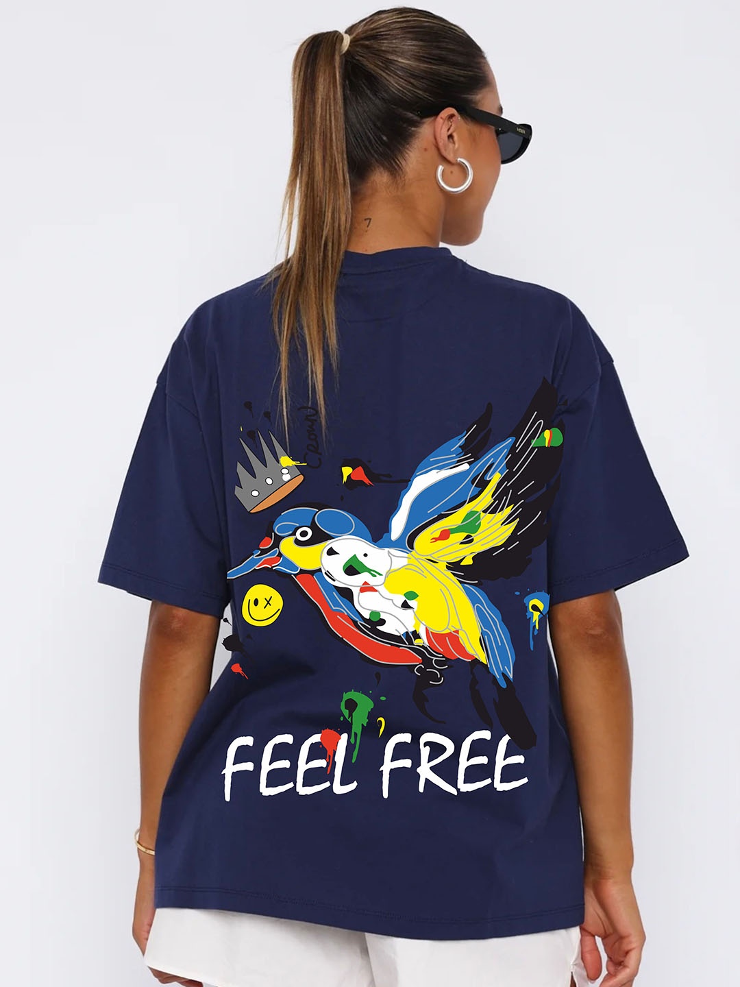 

RAYACLOSET Women Printed Applique T-shirt, Navy blue