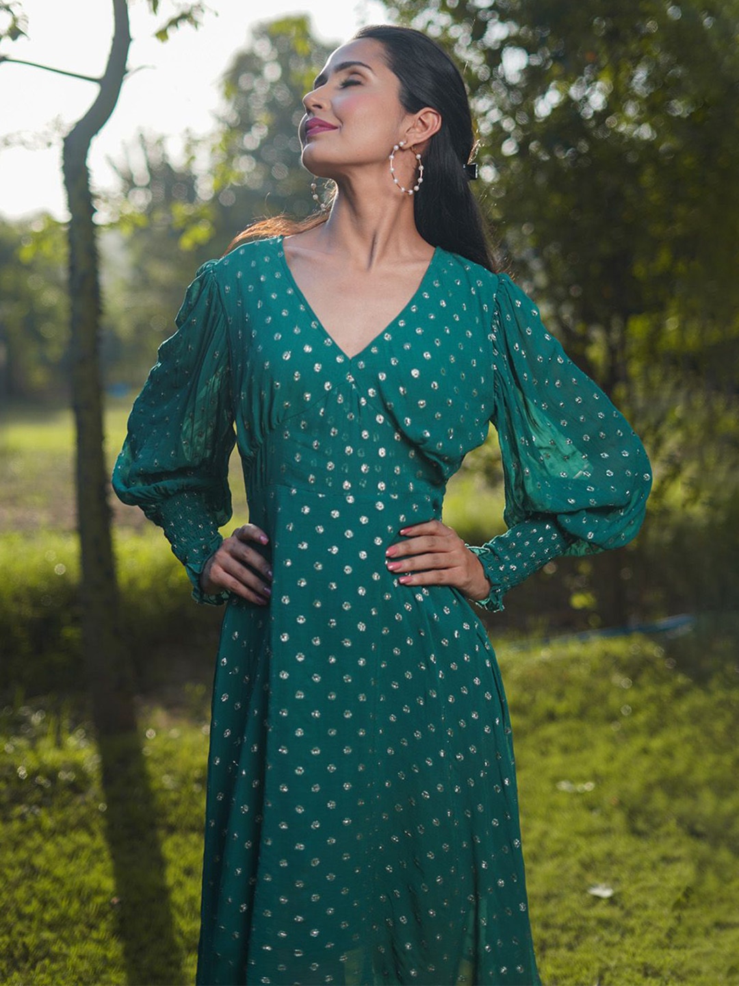 

Shades of Sabi Floral Print Empire Midi Dress, Green