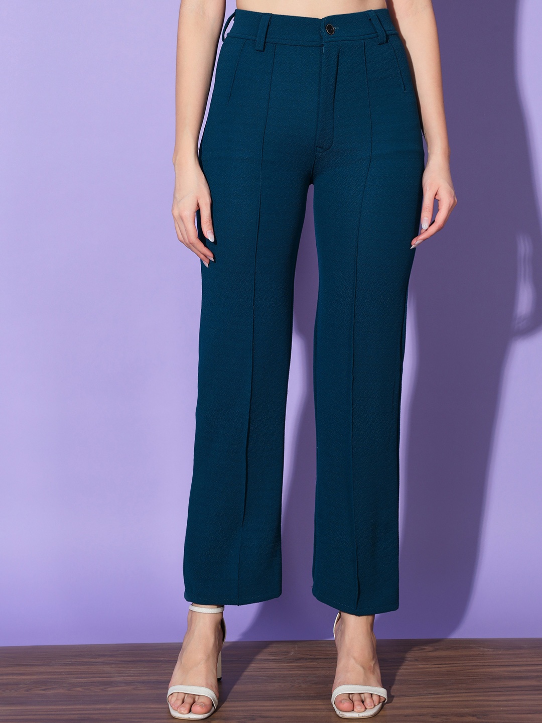 

DIMPY GARMENTS Women Comfort High-Rise Pleated Trousers, Blue