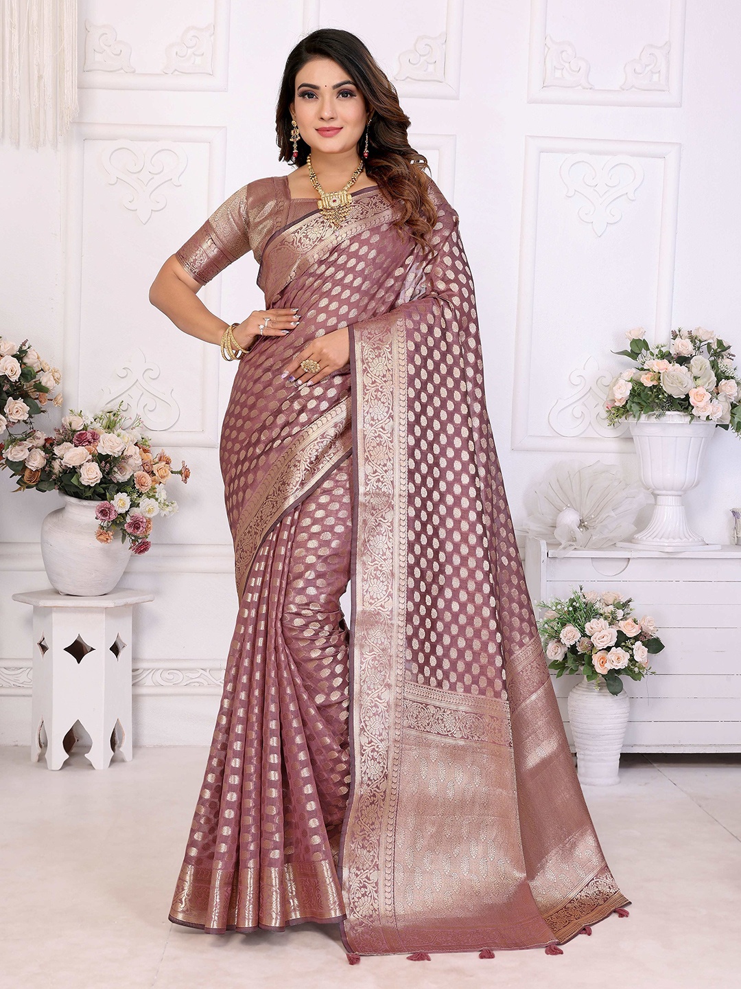 

HEER FASHION Woven Design Zari Organza Banarasi Saree, Beige