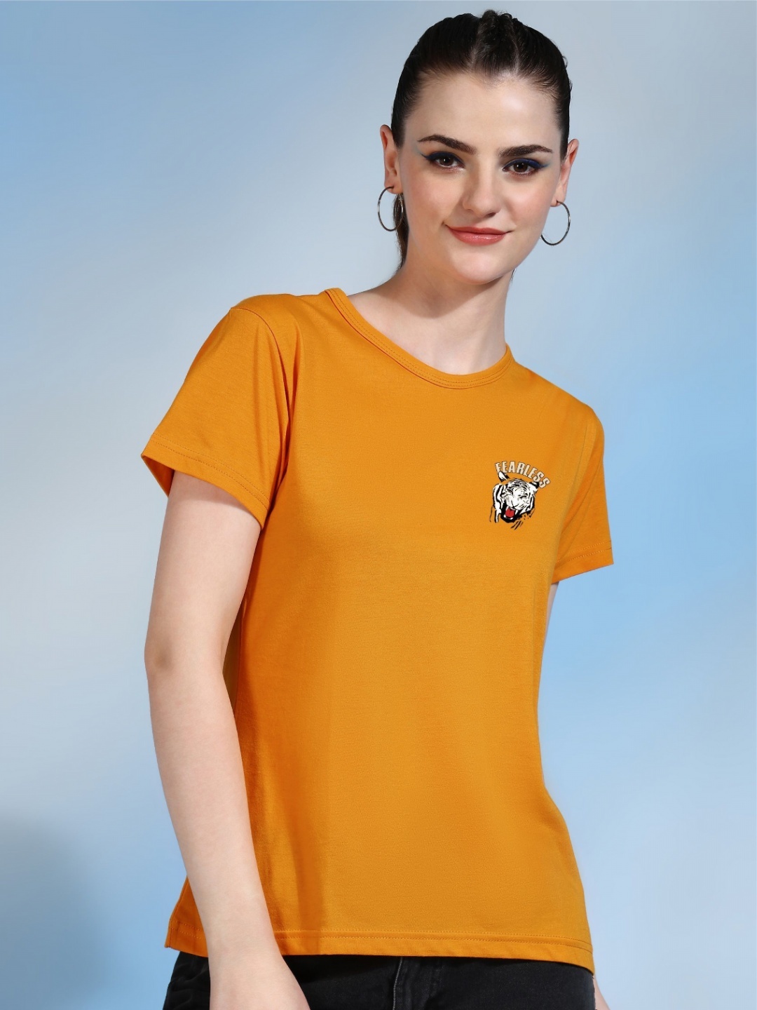 

Moda Rapido Women Printed Bio Finish Applique T-shirt, Mustard