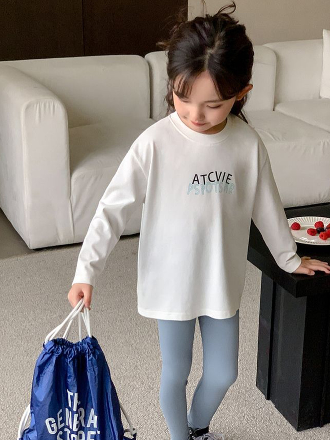 

LULU & SKY Girls Printed Henley Neck Applique T-shirt, Off white