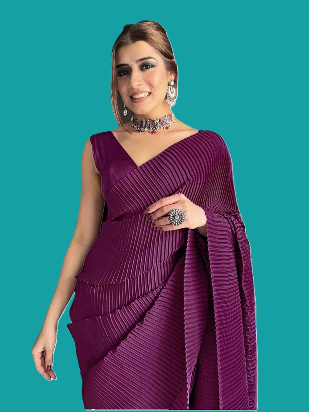 

Moda Rapido Striped Satin Saree, Purple
