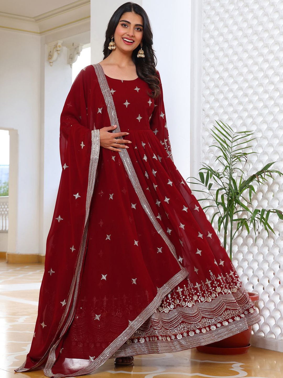 

KALINI Embroidered Round Neck Ethinc Dress With Dupatta, Maroon