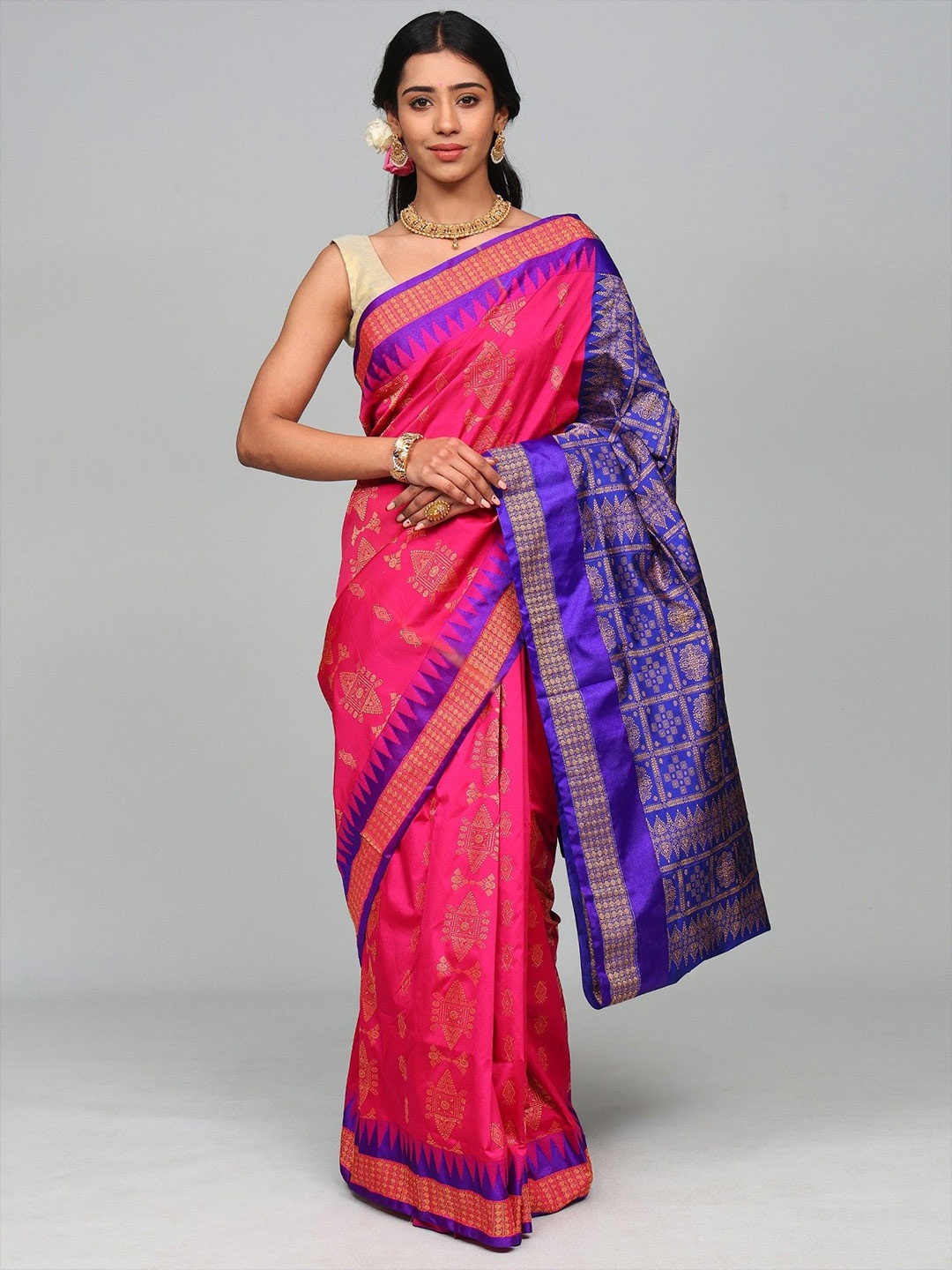 

Exotic India Ethnic Motifs Zari Art Silk Bomkai silk Saree, Pink