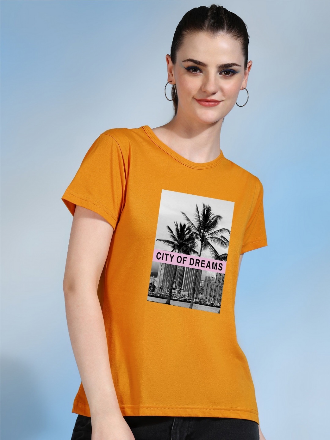

Moda Rapido Women Printed Bio Finish Raw Edge T-shirt, Mustard