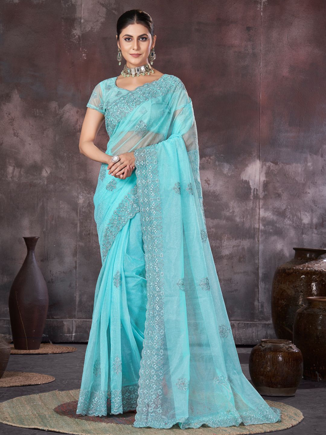 

LeeliPeeri Designer Floral Embroidered Organza Saree, Blue