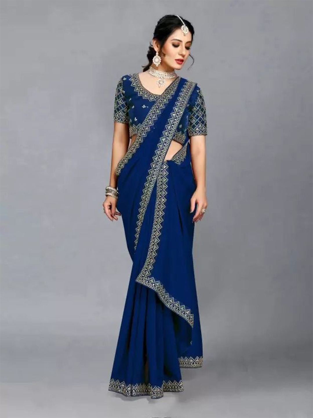 

KALINI Beads and Stones Poly Georgette Saree, Navy blue