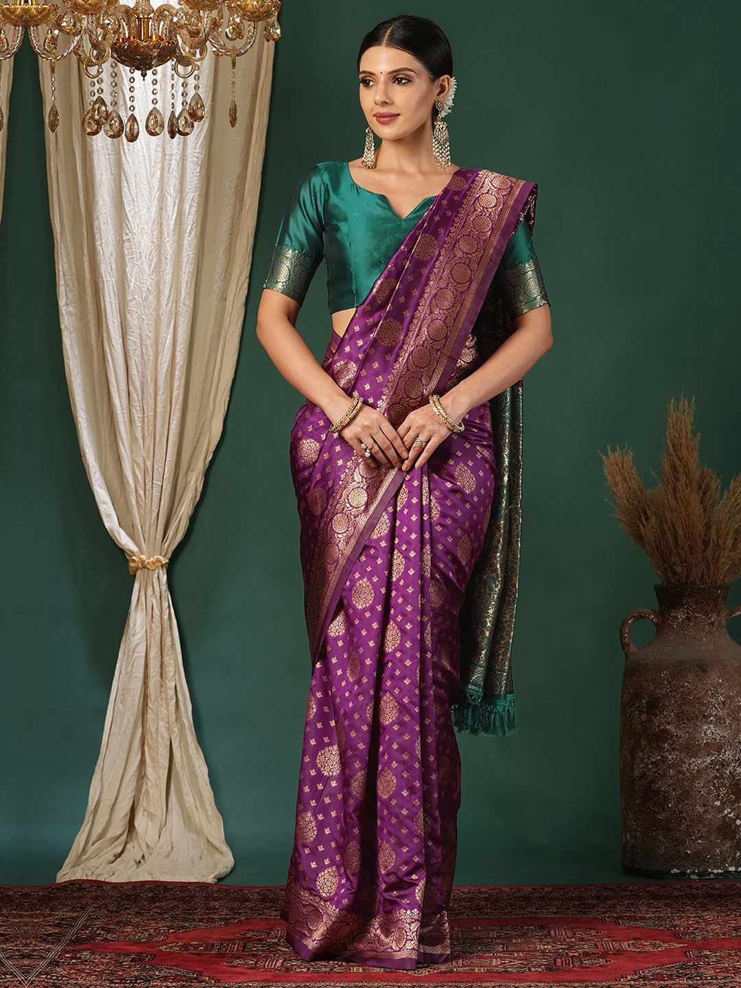 

KALINI Woven Design Zari Pure Silk Banarasi Saree, Purple
