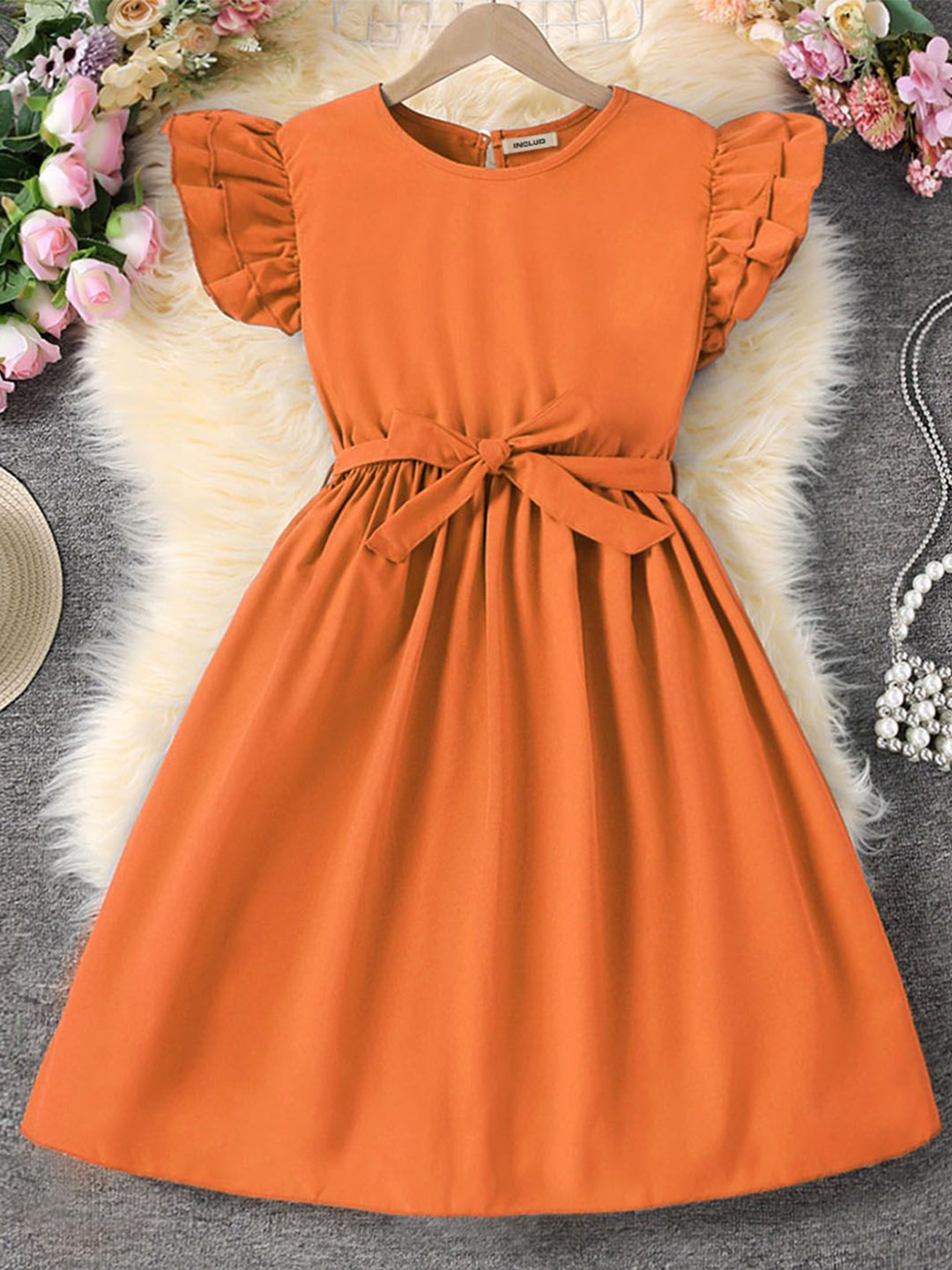 

INCLUD Flutter Sleeve Fit & Flare Dress, Orange