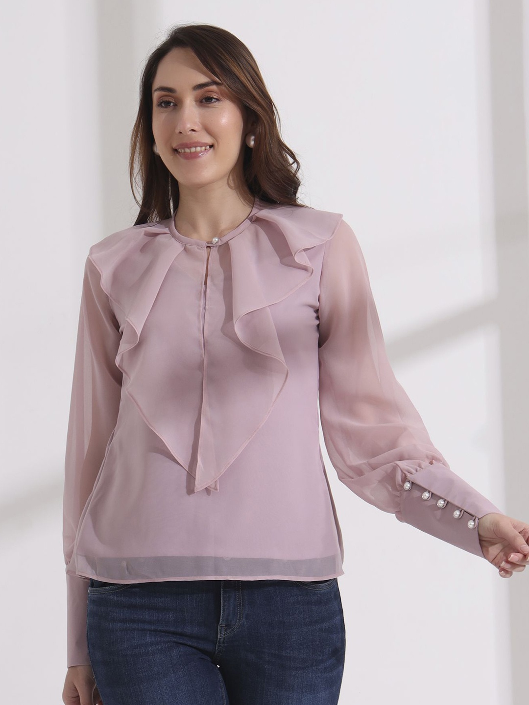 

Salvia Sky Tie-Up Neck Georgette Top, Pink