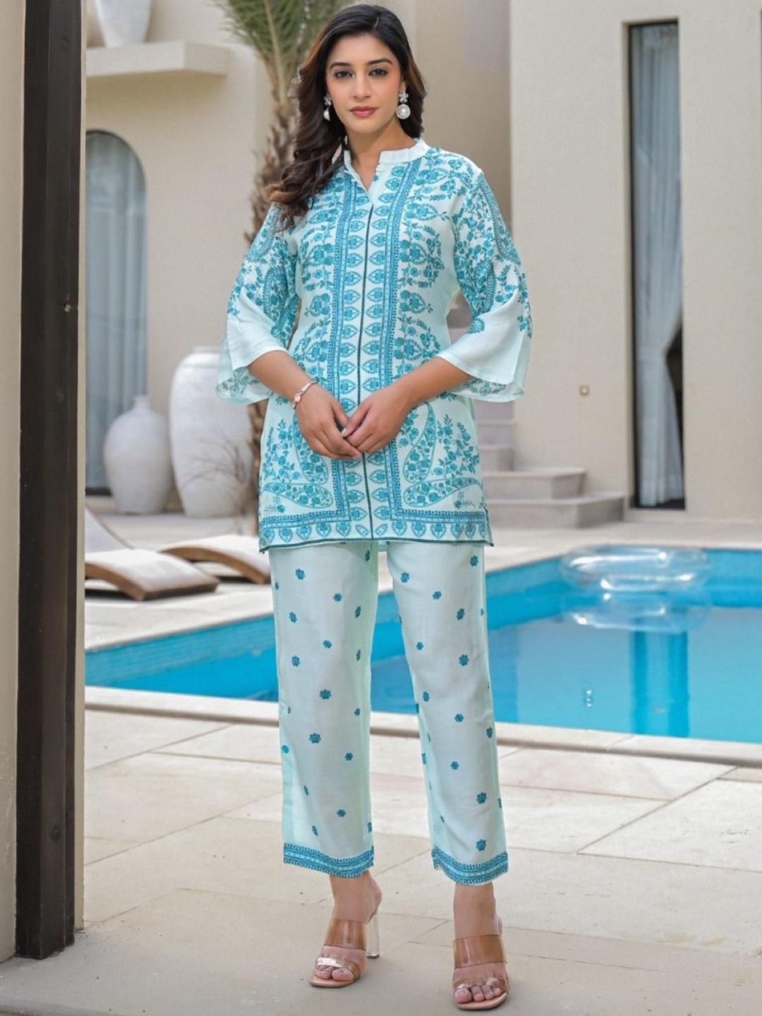 

AUTUMN LANE Floral Printed Pure Cotton Top & Trousers Co-Ords, Blue