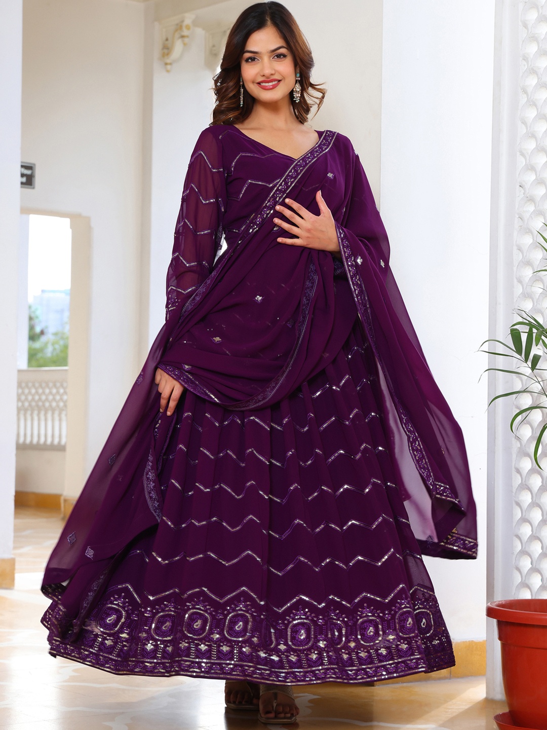 

Fashion Basket Embroidered Maxi Ethnic Dress With Dupatta, Purple