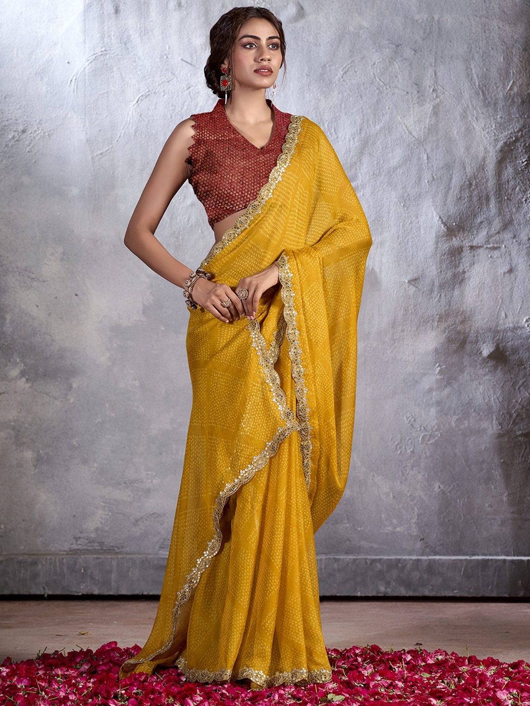 

LeeliPeeri Designer Bandhani Sequinned Poly Chiffon Saree, Maroon