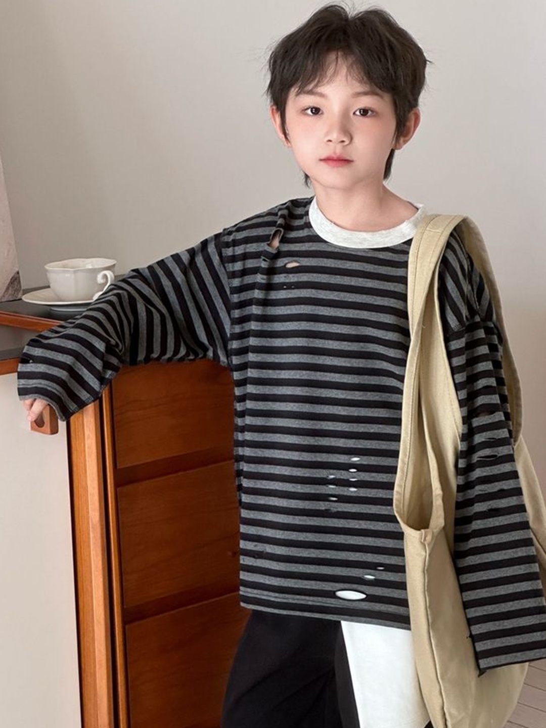 

LULU & SKY Kids Striped Mandarin Collar Pockets T-shirt, Multi