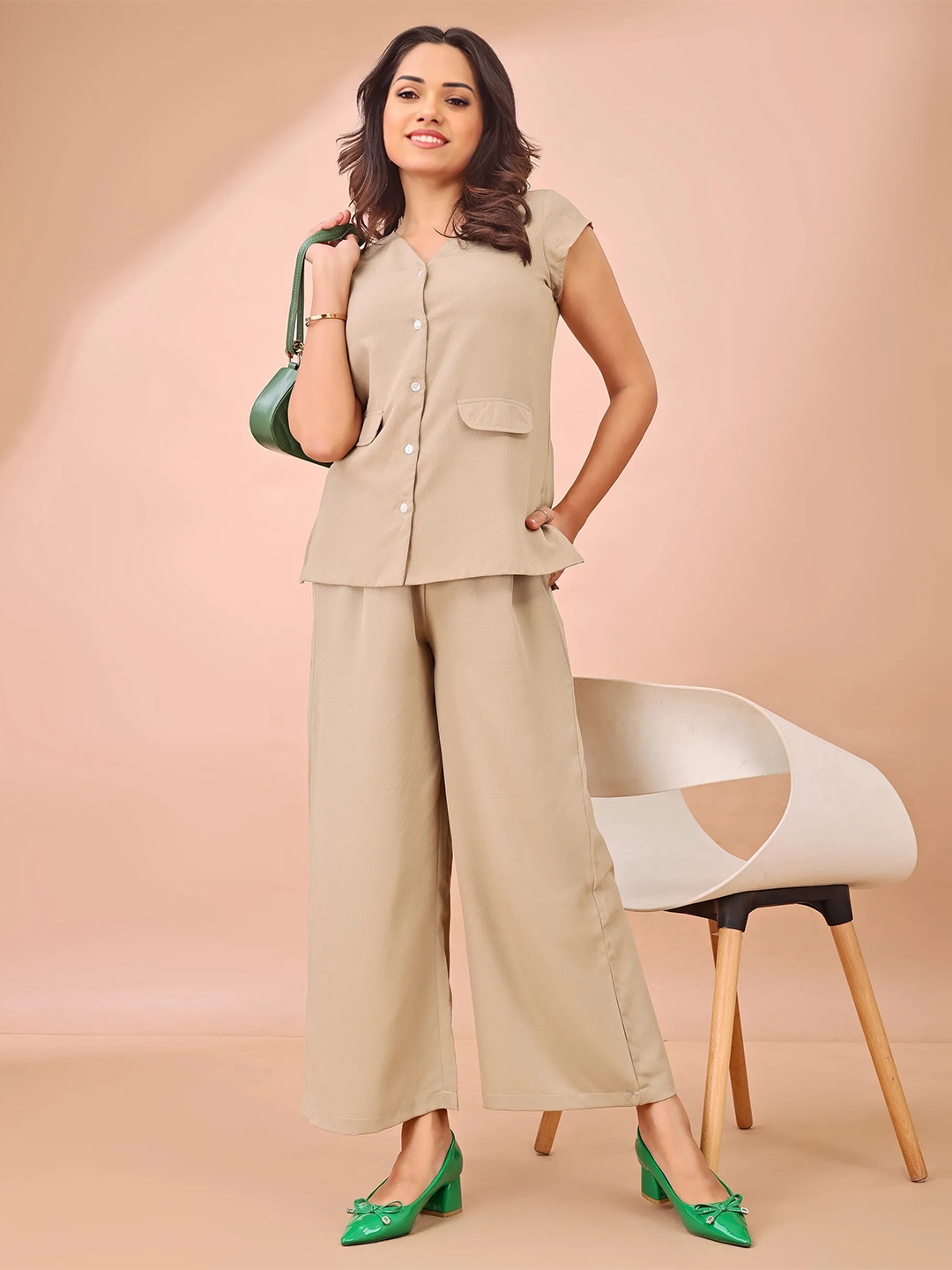 

all about you Self Designed V Neck Waist-Coat With Trousers Co-ords, Beige