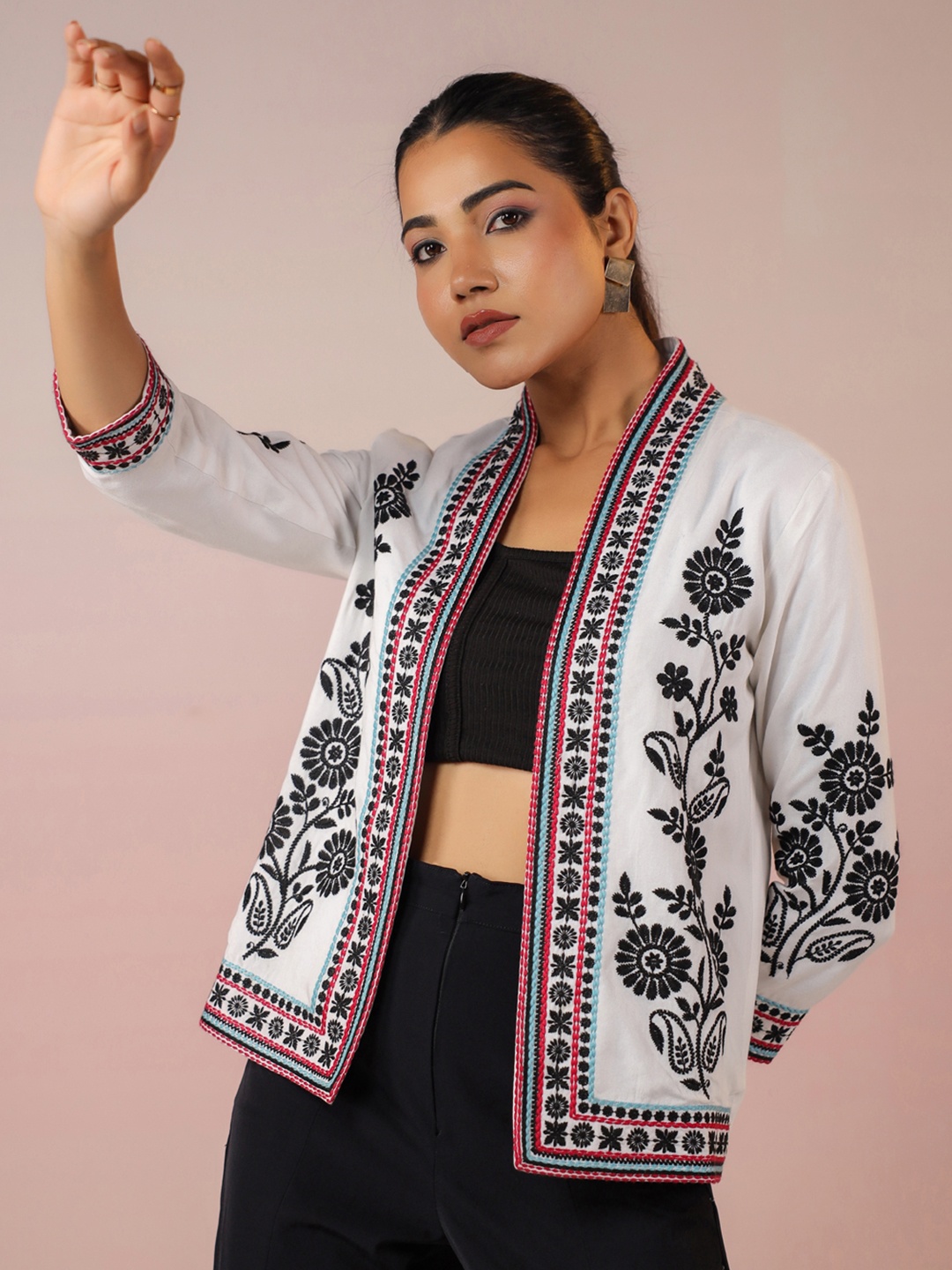 

Janasya Women White Rayon Floral Embroidered Jacket
