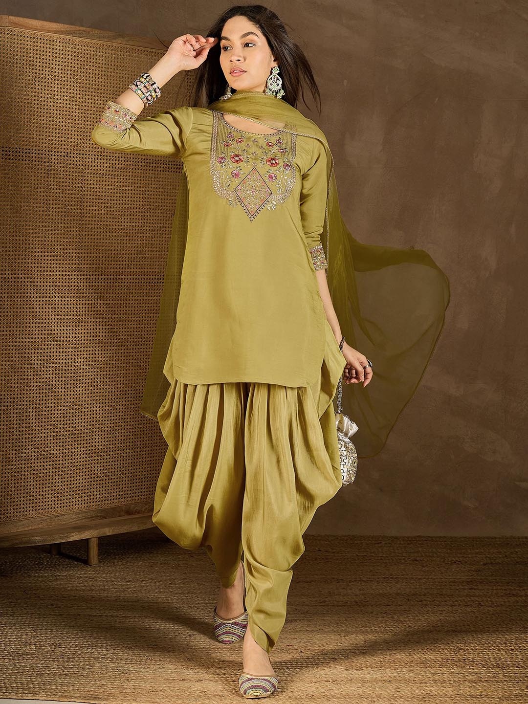

Inddus Women Floral Yoke Design Regular Sequinned Kurta with Dhoti Pants & With Dupatta, Mustard