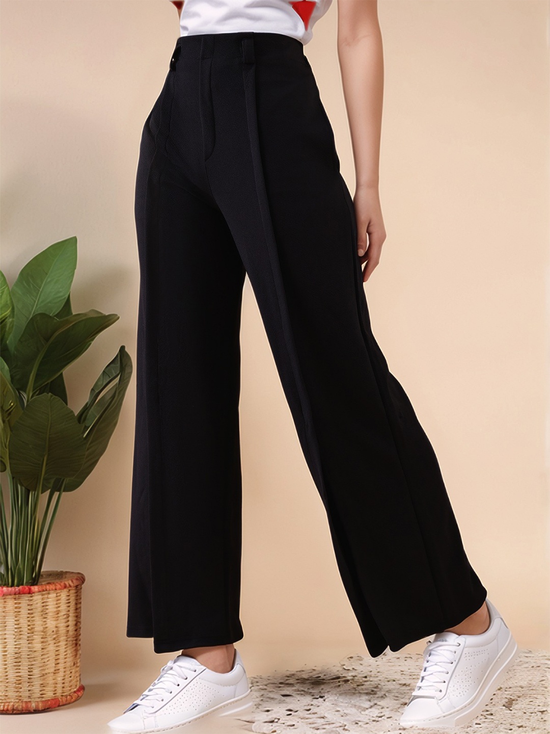 

Mast & Harbour Women Flared High-Rise Easy Wash Trousers, Black