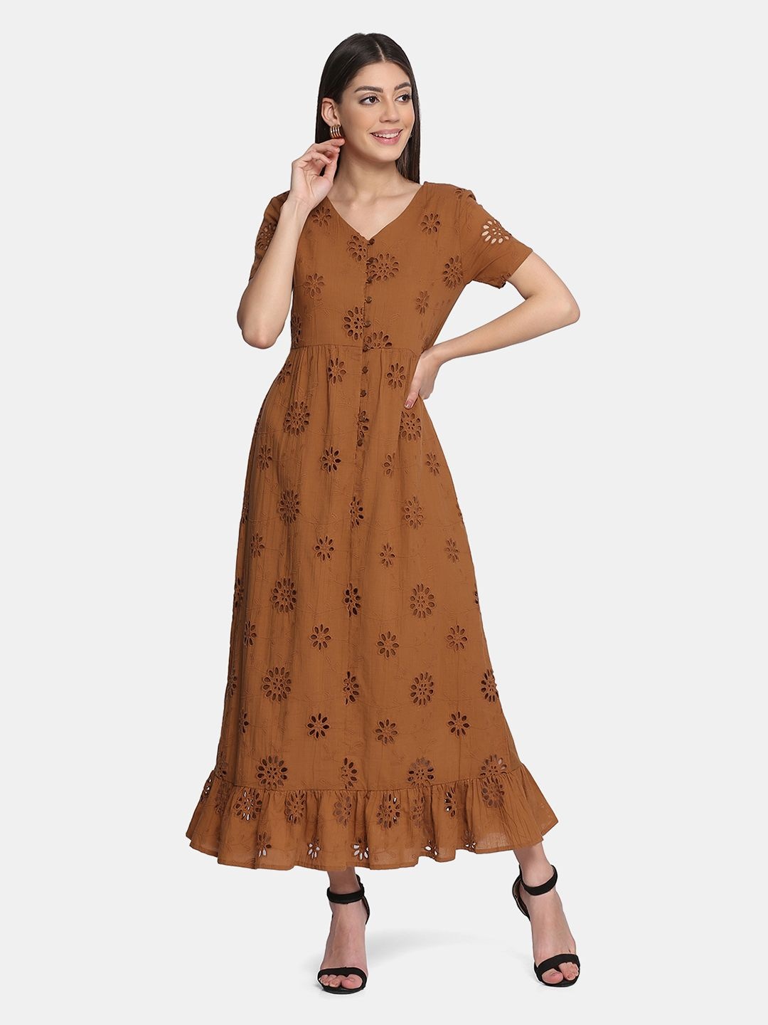 

The Roadster Lifestyle Co Printed Cotton V Neck A-Line Dresses, Brown