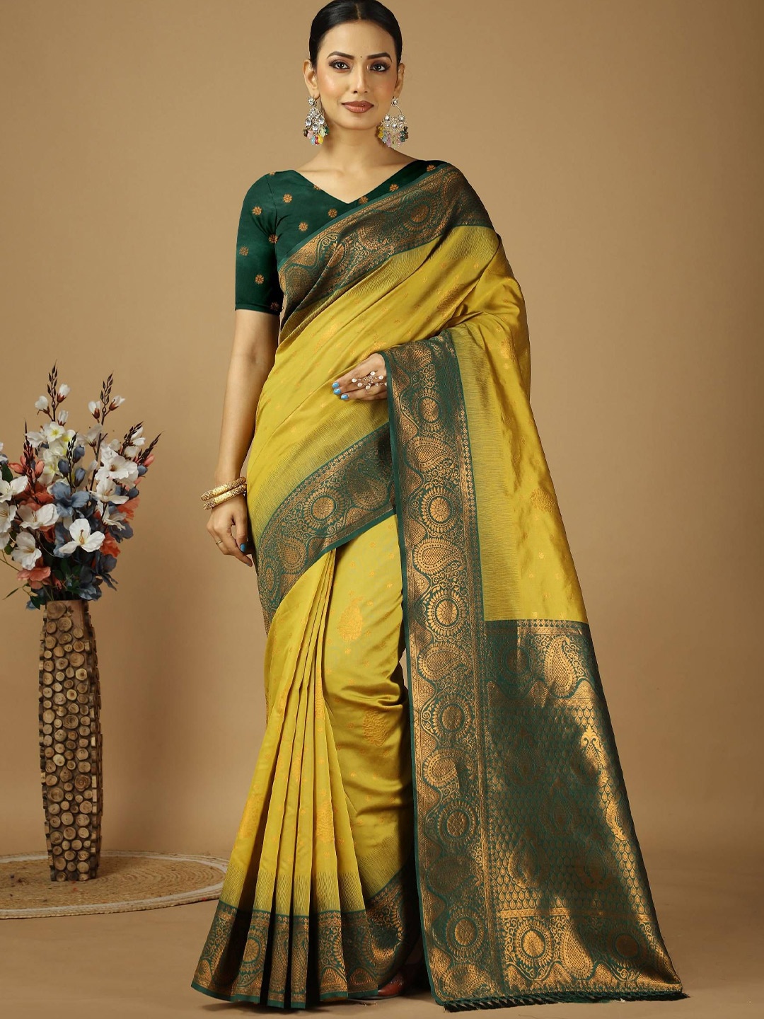 

HERE&NOW Woven Design Zari Art Silk Banarasi Saree, Yellow